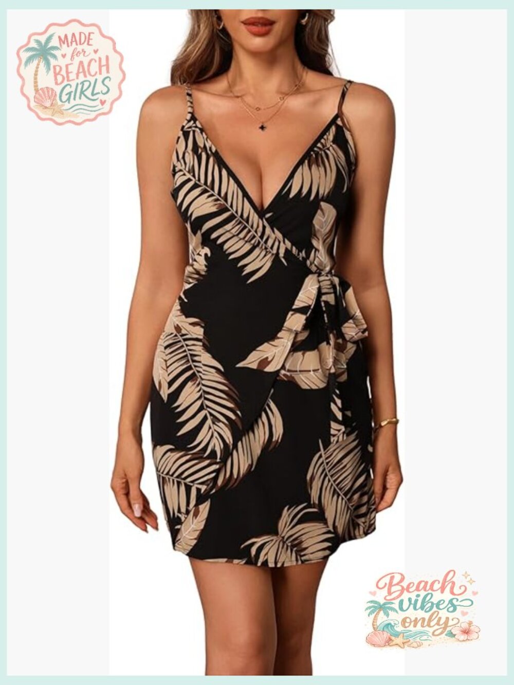 Tropical Print Wrap Mini Dress V Neck Sleeveless Boho